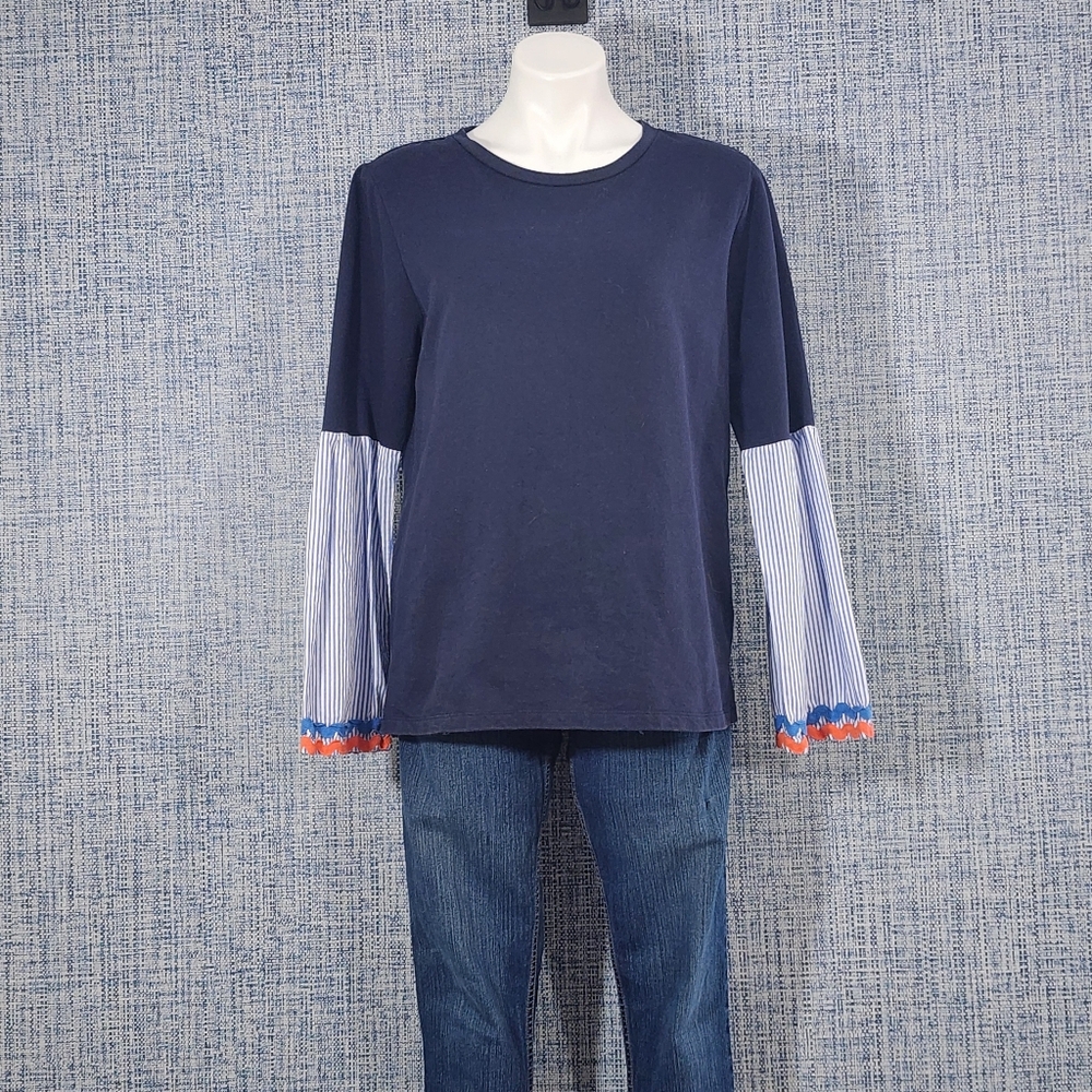Hannah Navy Long Sleeve Tee with Striped Sleeves